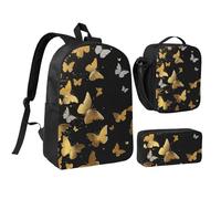 kkvhhyuo Ensemble sac à dos d'école, sac à dos de 43,2 cm, sac à déjeuner et trousse à crayons pour adolescents, filles, garçons, sac à dos de voyage léger, Papillons dorés, blancs, noirs, One Size
