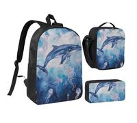 kkvhhyuo Ensemble sac à dos d'école, sac à dos de 43,2 cm, sac à déjeuner et trousse à crayons pour adolescents, filles, garçons, sac à dos léger, Baleine de mer et méduse, One Size, Imprimé