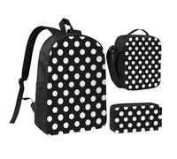 kkvhhyuo Ensemble sac à dos d'école, sac à dos de 43,2 cm, sac à déjeuner et trousse à crayons pour adolescents, filles et garçons, sac à dos de voyage léger noir et blanc, Motif à pois blancs, One