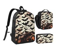 kkvhhyuo Ensemble sac à dos d'école, sac à dos de 43,2 cm, sac à déjeuner et trousse à crayons pour adolescents, filles, garçons, sac à dos de voyage léger, Chauve-souris volante pour Halloween, One