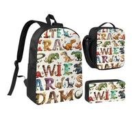 kkvhhyuo Ensemble sac à dos d'école, sac à dos de 43,2 cm, sac à déjeuner et trousse à crayons pour adolescents, filles, garçons, sac à dos léger, Lettres d'apprentissage élégantes avec dinosaures