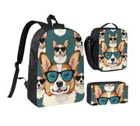 kkvhhyuo Ensemble sac à dos d'école, sac à dos de 43,2 cm, sac à déjeuner et trousse à crayons pour adolescents, filles, garçons, sac à dos léger, Lunettes et moustaches Corgi mignons, One Size