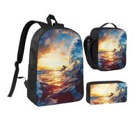 kkvhhyuo Ensemble sac à dos d'école, sac à dos de 43,2 cm, sac à déjeuner et trousse à crayons pour adolescents, filles, garçons, sac à dos léger, Coucher de soleil, mer, surf, paysage marin, One Size