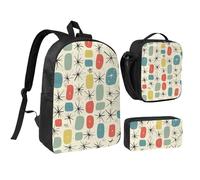 kkvhhyuo Ensemble sac à dos d'école, sac à dos de 43,2 cm, sac à déjeuner et trousse à crayons pour adolescents filles garçons léger, Motif rétro étoiles Atomic, One Size, Imprimé