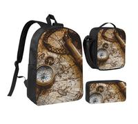 kkvhhyuo Ensemble sac à dos d'école, sac à dos de 43,2 cm, sac à déjeuner et trousse à crayons pour adolescents, filles, garçons, sac à dos léger, Boussole et carte du vieux monde, One Size, Imprimé