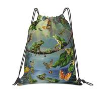 kkvhhyuo Grand sac à dos pliable avec cordon de serrage imprimé paons avec sangles réglables pour le sport, les voyages, la natation, l'école, Beaucoup de grenouilles chantent sur les branches des