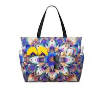 kkvhhyuo Grand sac de plage à paillettes or rose avec fermeture éclair et poche, sac de courses réutilisable pour femme, sac fourre-tout pour voyage, shopping, piscine, Mandala rectangulaire, Taille