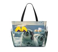 kkvhhyuo Grand sac de plage pliable avec fermeture éclair et poche - Imprimé chien Husky - Sac fourre-tout réutilisable pour femme, sac fourre-tout pour voyage, shopping, piscine, Papier peint phoque