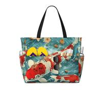 kkvhhyuo Grand sac de plage pliable avec fermeture éclair et poche pour femme, sac fourre-tout réutilisable pour voyage, shopping, piscine, Jolis poissons koï japonais, Taille unique