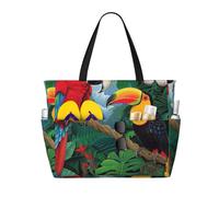 kkvhhyuo Grand sac de plage pliable avec fermeture éclair et poche - Réutilisable - Motif hiboux sur une branche d'arbre - Pour voyage, shopping, piscine, Ara et toucan perché des forêts tropicales