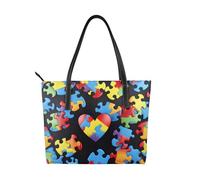 kkvhhyuo Grand sac fourre-tout réutilisable en cuir imprimé coquillages avec fermeture éclair et poches, sac de courses pour le travail, l'école, les voyages, Puzzle de sensibilisation à l'autisme