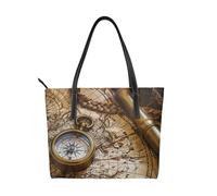 kkvhhyuo Grand sac fourre-tout réutilisable en cuir imprimé léopard avec fermeture éclair et poches pour le travail, l'école, les voyages, Boussole et carte du vieux monde, Taille unique