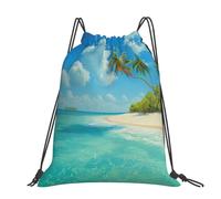 kkvhhyuo Moose Mountain Pine Tree Wilderness Sac à dos avec cordon de serrage et sangles réglables pour le sport, les voyages, la natation, l'école, Île avec plage de sable et palmier, One Size, Sac à