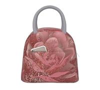 kkvhhyuo Sac à déjeuner isotherme réutilisable avec rayures dorées et rose avec poignée gris clair pour pique-nique, école, bureau