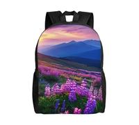 kkvhhyuo Sac à dos d'école, léger et décontracté avec motif à pois, rose, gris, blanc, pour garçons, filles, adolescents et adultes, Paysage de montagnes et prairies, fleurs violettes, One Size, Sac à
