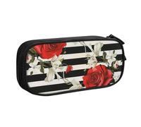 kkvhhyuo Trousse à crayons de grande capacité avec rayures noires et blanches et roses rouges - Trousse de maquillage portable pour garçons et filles - Noir, Noir , One Size, Organiseur de sac