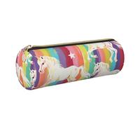 kkvhhyuo Trousse à crayons en cuir avec imprimé licornes sur rayures colorées - Trousse à crayons ronde portable avec fermeture éclair dorée - Multifonctionnelle - Pour adolescentes, filles et garçons