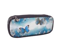 kkvhhyuo Trousse à crayons en cuir avec imprimé papillons bleus et fleurs blanches, grande capacité, trousse à crayons multifonctionnelle, pour l'école, les étudiants, les filles, les garçons, les