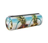 kkvhhyuo Trousse à crayons en cuir avec imprimé plage deux ananas et mer, trousse cylindrique dorée avec fermeture éclair, jolie trousse à stylos pour garçons, filles, adolescents, étudiants, école