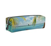 kkvhhyuo Trousse à crayons en cuir avec motif bateau de bord de mer, feuilles de noix de coco, trousse à crayons, trousse à crayons au design fin avec poche zippée dorée, taille pour étudiant, bureau