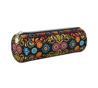 kkvhhyuo Trousse à crayons ronde en cuir avec fermeture éclair dorée - Multifonction - Motif art populaire mexicain bohème - Pour adolescents et garçons, Argenté., One Size, Organiseur de sac