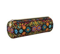 kkvhhyuo Trousse à crayons ronde en cuir avec fermeture éclair dorée - Multifonction - Motif art populaire mexicain bohème - Pour adolescents et garçons, doré, One Size, Organiseur de sac