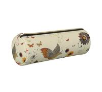 kkvhhyuo Trousse à crayons ronde en cuir avec fermeture éclair dorée - Multifonctionnelle - Motif poule et papillons volants parmi les fleurs - Pour adolescentes, filles et garçons, doré, One Size