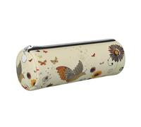 kkvhhyuo Trousse à crayons ronde en cuir avec fermeture éclair dorée - Multifonctionnelle - Motif poule et papillons volants parmi les fleurs - Pour adolescentes, filles et garçons, Argenté., One Size