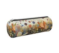 kkvhhyuo Trousse à crayons ronde en cuir avec fermeture éclair dorée - Multifonctionnelle - Motif poule et papillons volants parmi les fleurs - Pour adolescentes, filles et garçons, Argenté., One Size
