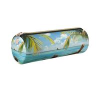 kkvhhyuo Trousse à crayons ronde portable en cuir avec fermeture éclair dorée - Multifonction - Motif bateau et feuilles de noix de coco - Pour adolescents et garçons, doré, One Size, Organiseur de
