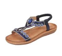 KKvoPiQ Sandales de plage confortables rétro ethnique légères pour femme - Talon élastique - Décontractées - Chaussures plates pour femme - Sandales larges - Sandales noires élégantes, Marine, 38 EU
