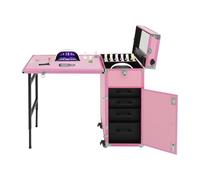 KKVUIIFF Table de manucure, table à ongles, avec 4 tiroirs et télécommande, mobile, pliable, mallette de transport de maquillage, rose