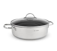 KLAMER Poêle à servir, Poêle à mijoter avec couvercle 28 cm Induction, Marmite en acier inoxydable compatible avec le four, Poêle à mijoter avec bord haut, Revêtement premium