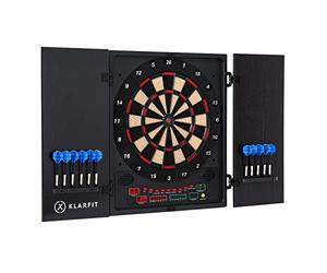 KLAR FIT Jeu de Flechette Electronique Adulte et Enfant, Jeux Professionnel avec Ecran LCD, Scoreur Numérique, 12 Fléchettes Acier Colorées Rechanges, Pro Noir