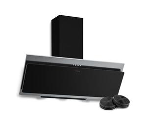 Klarstein Alessia Hotte Aspirante 90 cm - Hotte Décorative Inclinée, 404 m³/h LED, 3 Vitesses & Boost, Filtre Charbon, Inox & Verre Noir, Recyclage ou Évacuation, Silencieuse