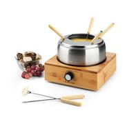 Klarstein Bambus fondue, 800 watts, cuve en inox, base en bambou, contenance 1,3 l max., plaque chauffante en inox, thermostat, support à fourchettes, 6 fourchettes à fondue en bambou