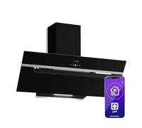 Klarstein BigBite Hotte Aspirante 90 cm - Hotte Décorative Inclinée, 417 m³/h, A+++, LED, 3 Vitesses & Boost, Filtre Charbon, Tactile, Recyclage ou Évacuation, Design Verre Noir
