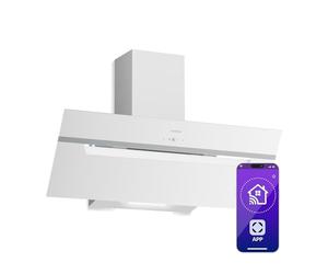 Klarstein BigBite Hotte Aspirante 90 cm - Hotte Décorative Inclinée, 417 m³/h, A+++, LED, 3 Vitesses & Boost, Filtre Charbon, Tactile, Recyclage ou Évacuation, Blanc