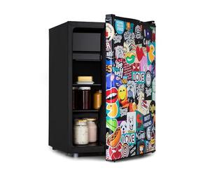 KLARSTEIN Cool Vibe - réfrigérateur efficacité énergétique E, porte avec sticker imprimé BD, compartiment congélateur, bac à glaçons, niveau sonore: 42dB, 70L - noir