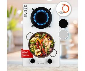 Klarstein Goldflame - Plan de cuisson à gaz encastrable - Brûleur en laiton - Gaz naturel / Propane - Valves de sécurité - Arrêt automatique - Supports en fonte - Autonome - 2 brûleurs - 30 cm - Blanc