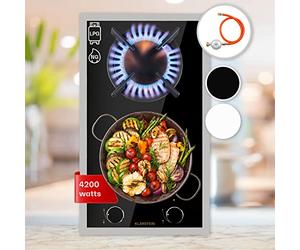 KLARSTEIN Goldflame - Table de cuisson à gaz encastrée, brûleur laiton, naturel/propane, vitrocéramique, arrêt automatique, support casserole en fonte, autonome, 70 cm, 2 brûleurs argent, Noir/Argent