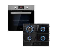Klarstein Kalahari Ignito Set - Four + plaque de cuisson encastrables, Gaz & électrique - Plaque cuisson 4 zones vitrocéramique - Four :68 L 50-250 °C, noir, acier inoxydable