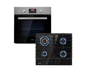 Klarstein Kalahari Ignito Set - Four + plaque de cuisson encastrables, Gaz & électrique - Plaque cuisson 4 zones vitrocéramique - Four :68 L 50-250 °C, noir, acier inoxydable