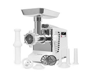 Klarstein Kraftprotz - Hachoir à viande électrique, 700 watts, 2 vitesses, Marche arrière, Couteau en inox, Grand bol en aluminium, 3 disques perforés, Nettoyage facile, Poussoir en plastique - Blanc