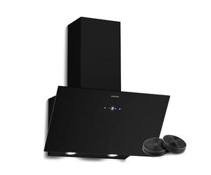 Klarstein Laurel Hotte Aspirante 60 cm - Hotte Décorative Inclinée, 417 m³/h LED, 3 Vitesses & Boost, Filtre Charbon, Tactile, Recyclage ou Évacuation, Hotte Cuisine Verre Noir