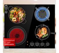 Klarstein MultiChef 60cm Plaque de Cuisson Mixte Gaz Electrique 4 Z Verre Noir