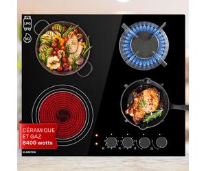 Klarstein MultiChef 60cm Plaque de Cuisson Mixte Gaz Electrique 4 Z Verre Noir