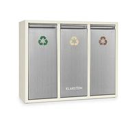 KLARSTEIN Ordnungshüter 3 Système de Tri des Déchets, Poubelle de Recyclage, 45 L (3 x 15 L), Clapets Frontaux avec Poignée, Boîtier Inox, Codage Couleur, Fixation Murale, Crème-Argent