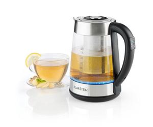 Klarstein Ostfriese - Bouilloire 1,7L, 2200W, Eclairage intérieur LED, Poignée Cool Touch, Boîtier avec éléments en inox, Filtre calcaire en inox intégré, Température réglables, verre