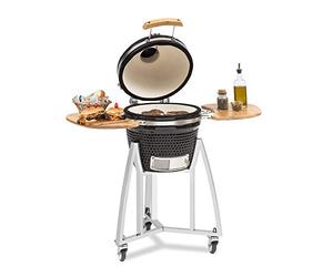 Klarstein Queensize Kamado Grill, Barbecue Céramique en Œuf pour Griller, Cuisson Lente, Fumer et Cuire, Tablettes Latérales Amovibles, Céramique/Inox/Bambou, Thermomètre 0-450°C, 3 Roues, Noir